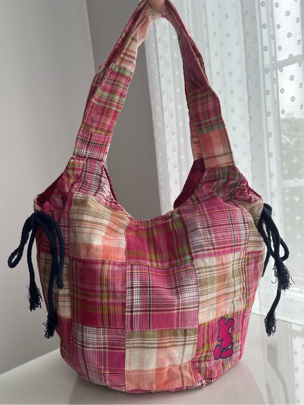 Disney Vintage Y2K Pink Plaid Patchwork Shoulder Bag with Navy Drawstrings
